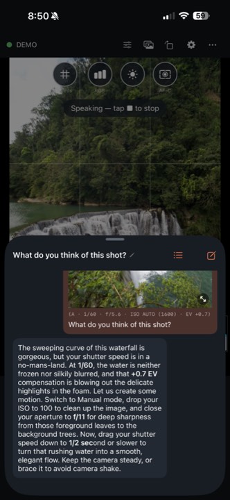 The coach's reply, with the camera settings recorded beside the question