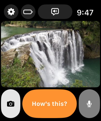 Aperi on Apple Watch showing a waterfall photograph, with shutter, How's this? and microphone buttons below