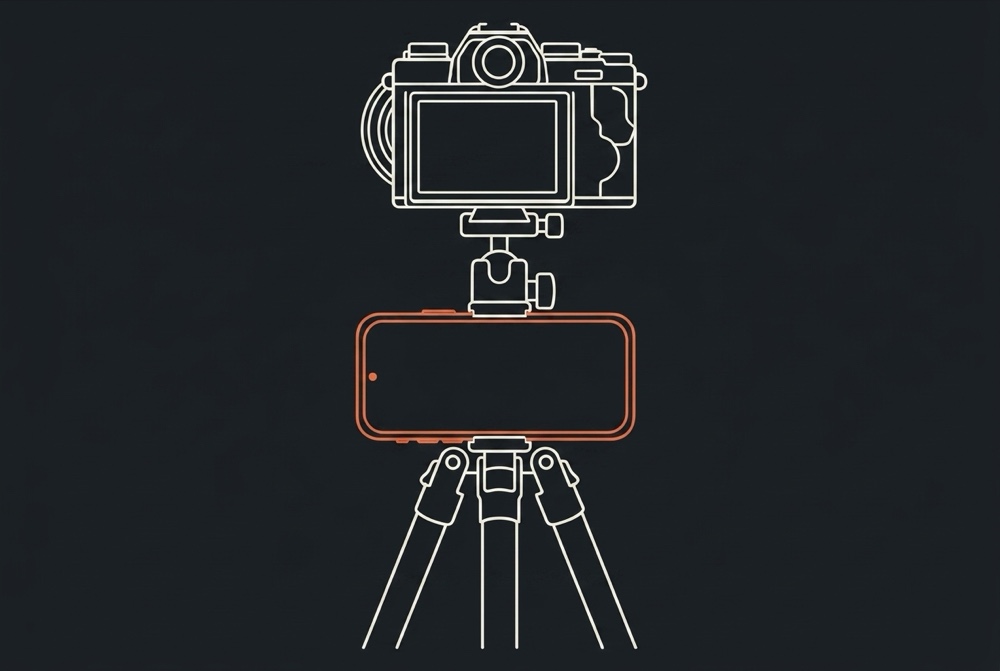 Line drawing of a camera on a tripod with a phone clamped on the centre column just below it