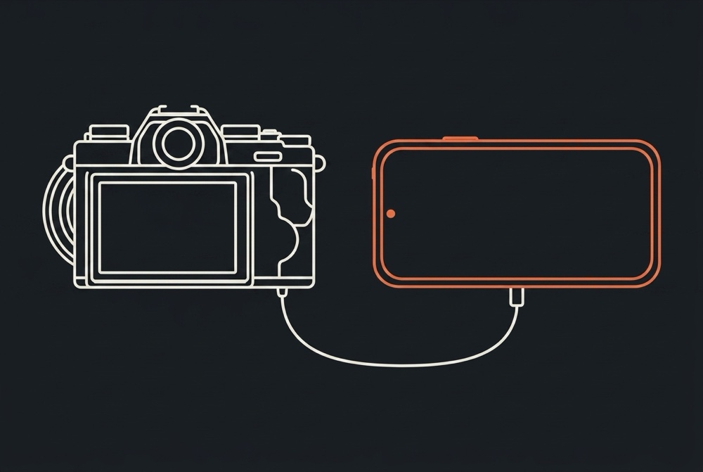 Line drawing of a camera and a phone side by side, joined by a USB-C cable
