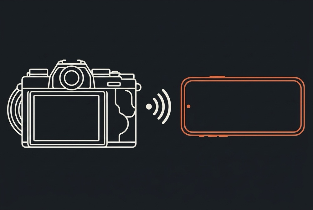 Line drawing of a camera and phone joined by a wireless signal, with no cable