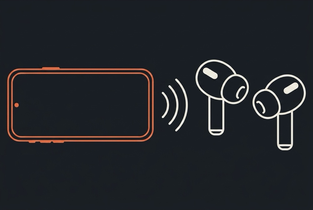 Line drawing of a photographer with AirPods in, camera to the eye and phone in a pocket