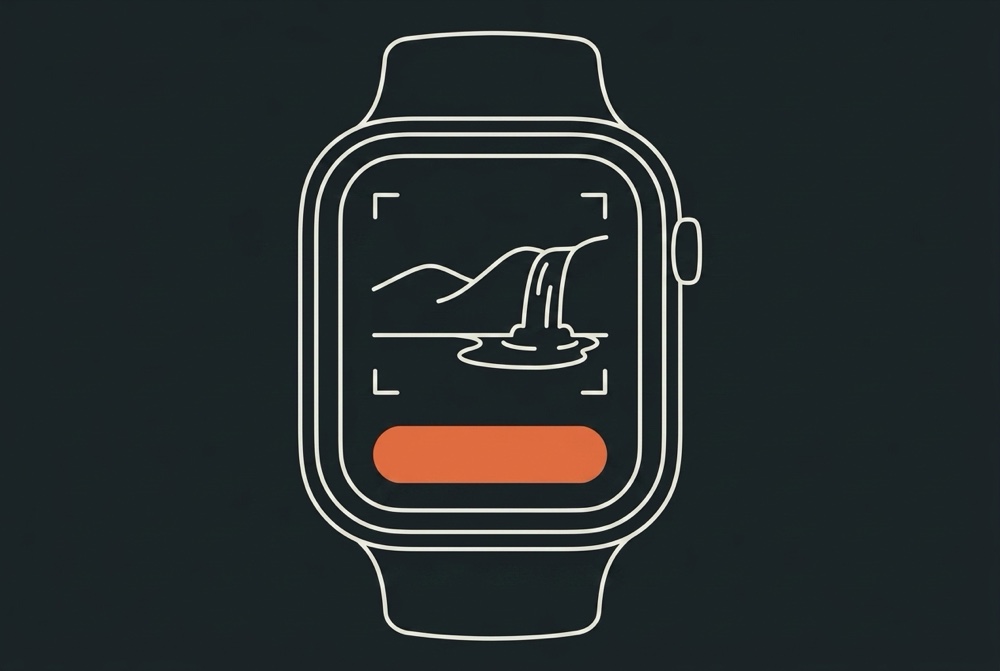 Line drawing of an Apple Watch showing a shot with a focus bracket and an orange button